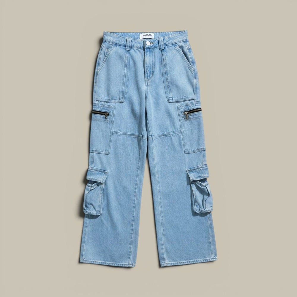 Y2K Women's Cargo Jeans 25 Wide Leg Baggy Skater Multi Pocket Denim Light Wash